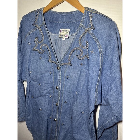 Monique Fashions Shirt Womens Vintage Sz 10 Blue Acid Wash Rhinestone Stud Mode - Picture 4 of 8
